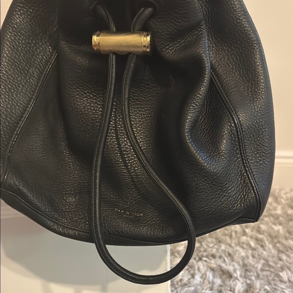 Rag & Bone Black Leather Drawstring Bag with Gold Accent
